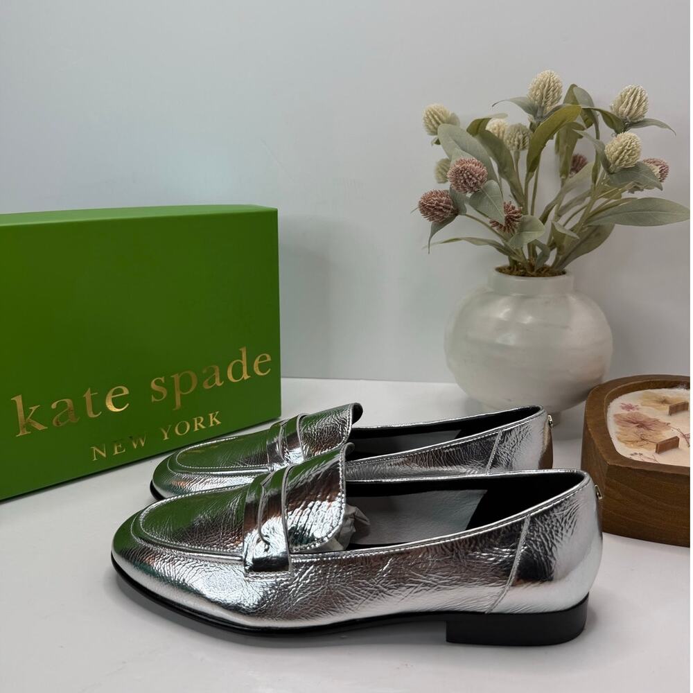 Kate Spade Genevieve Crinkle Metallic Leather Loafer Silver Women 6.5 Tried On